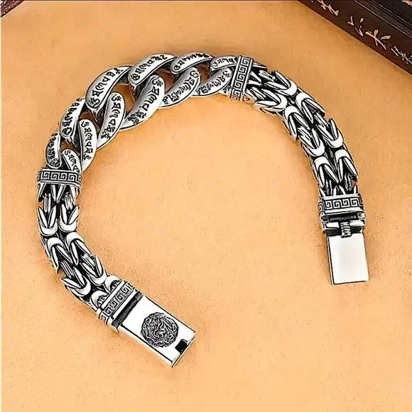 Stainless Steel Chain Link Bracelet, Mantra, Curb Hand Woven Engraved Byzantine